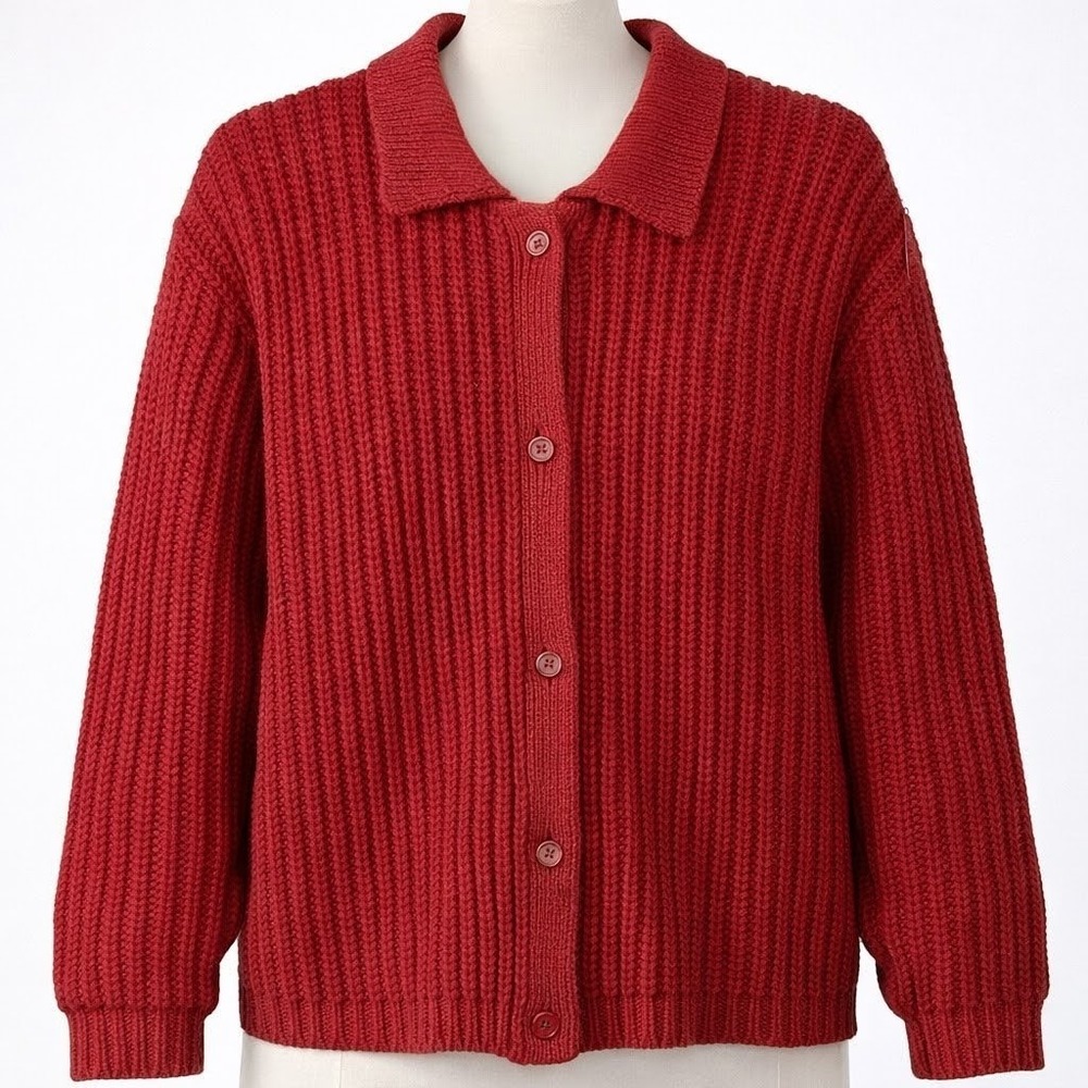 Eddie Bauer Red Ribbed Button-Front Cardigan Sweater